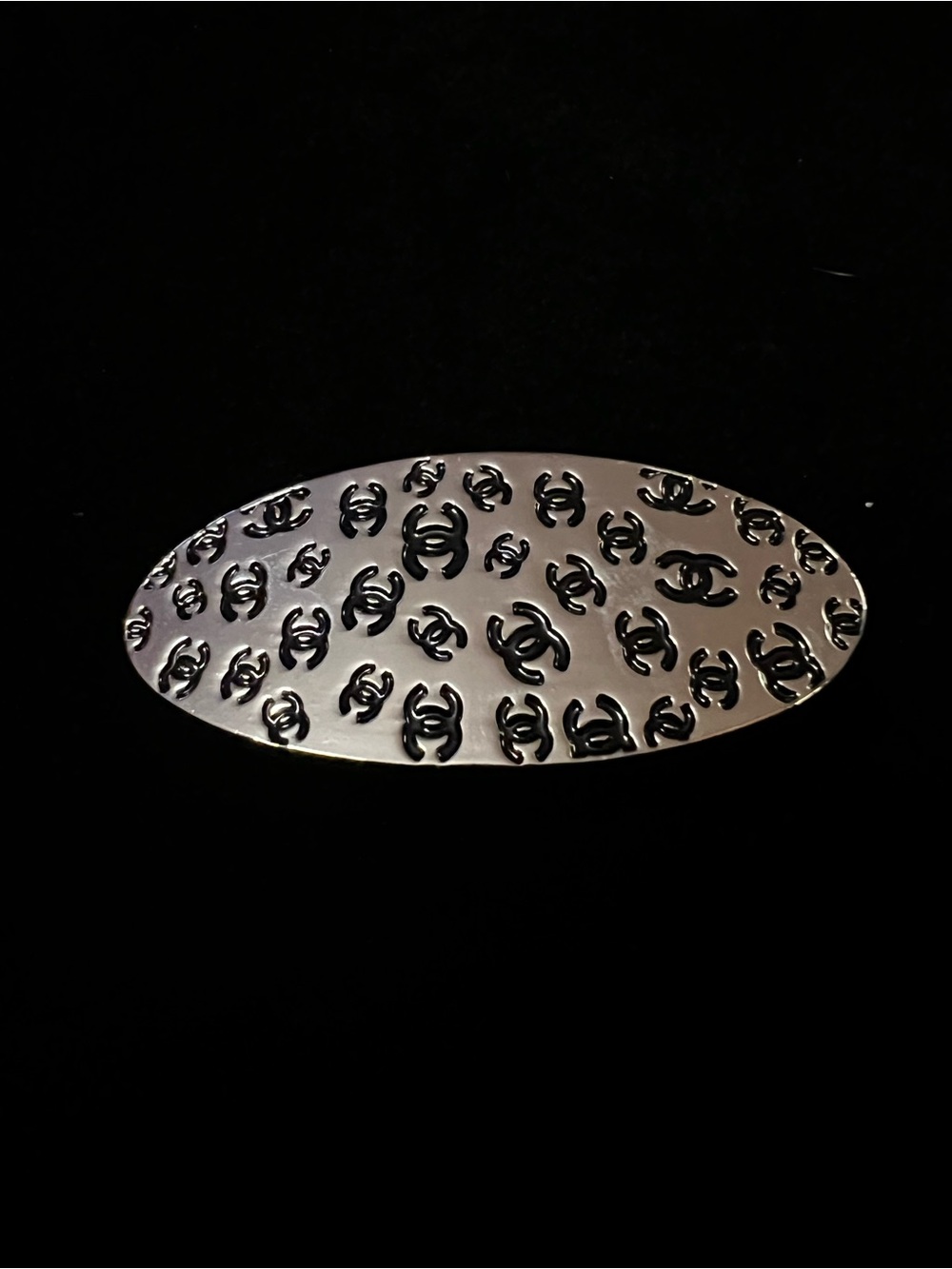 New ChaneI Silver With Multi Black Logo Alligator Hair Clip/ Barrette